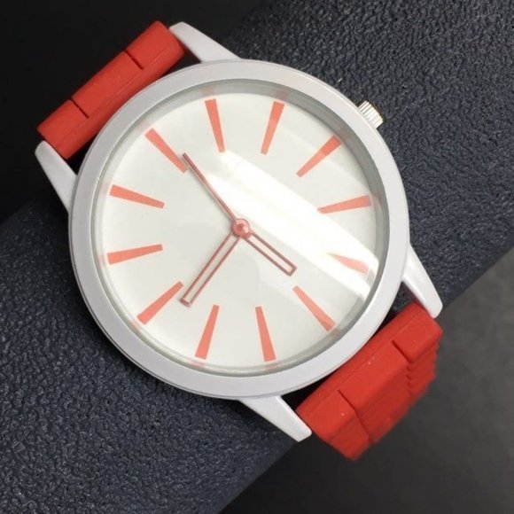 Silicone Watch Orange Red White Ladies Mens Unisex 80s Retro Costume Prop - Picture 1 of 7